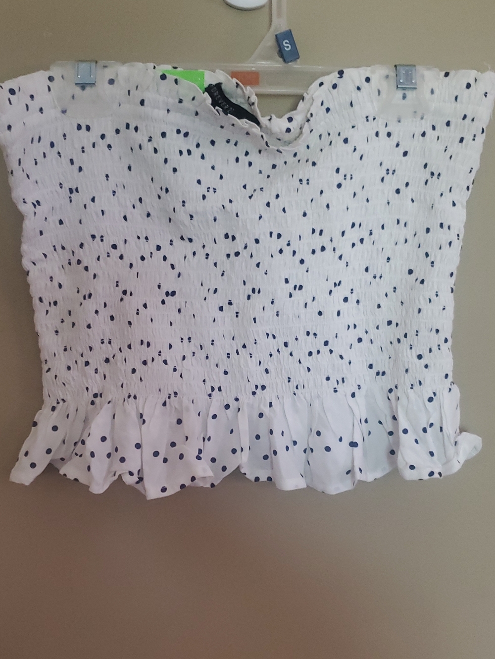Forever 21 Smocked White Polka Dot Strapless Top - Navy Dots Size Large